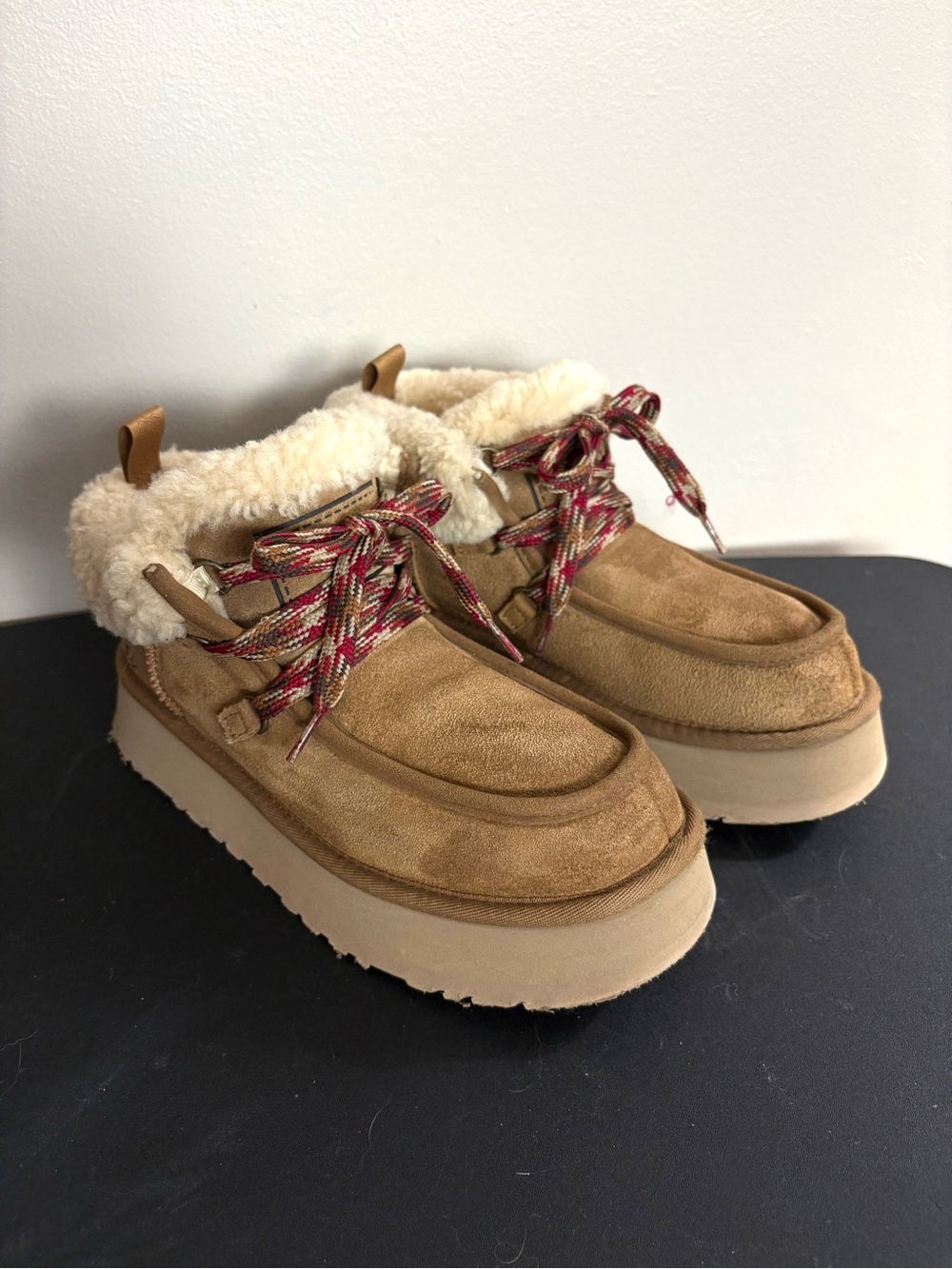 Women's UGG Chestnut Suede FUNKARRA CABIN CUFF Sheep Shearling PLATFORM BOOTS 8